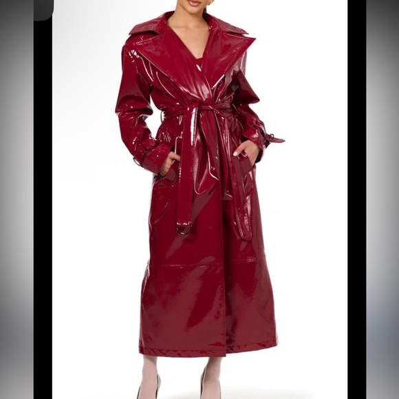 Naked Wardrobe NWT Vinyl Belted Trench Coat Jacket Dark Red - Picture 1 of 6